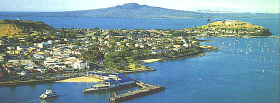 Devonport peninsula. Mt Victoria is on the left, North Head on the right. Cambria, from this angle, was just to the rear of Victoria. Behind the peninsula is Rangitoto Island.